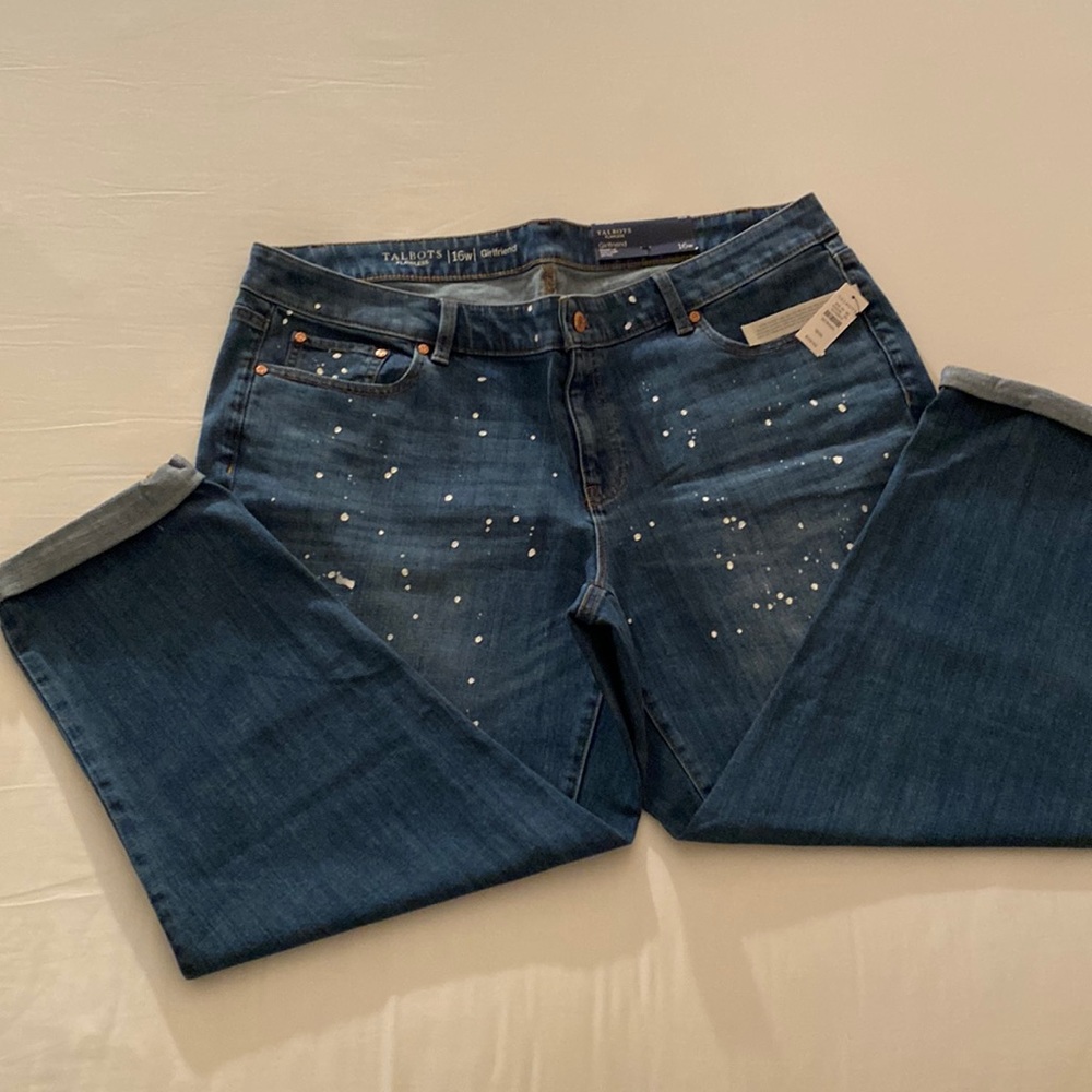 Talbots 16W Girlfriend jeans Made with white paint drops on front and back